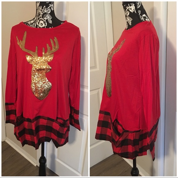 Red Reindeer Plaid Top with Pockets 💕also in PLUS💕 - Picture 2 of 2